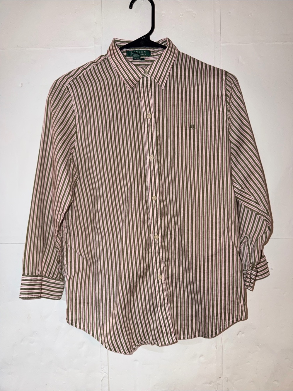 Ralph Lauren Brown and White Striped Button-Down Shirt 100% linen